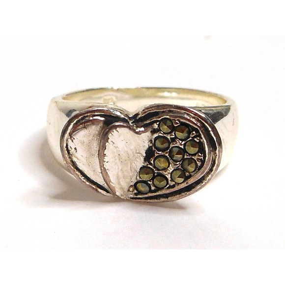 Sterling Silver Marcasite Heart Ring Size 7 - Picture 1 of 6